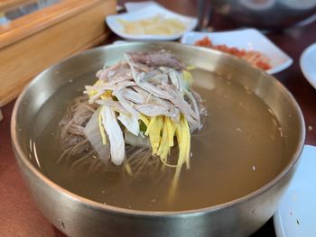 High angle view of soup in bowl on table