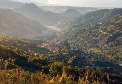 High angle view of trees and mountains