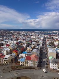 High angle view of buildings against sky