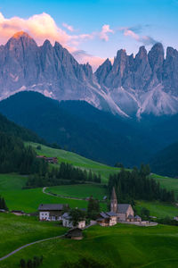 Houses on field by mountains against sky