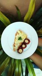 High angle view of food in plate on table