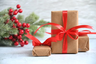 Close-up of christmas presents on table