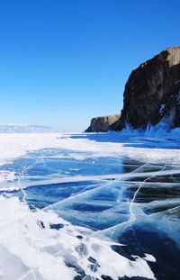 Scenic view of frozen sea against clear blue sky