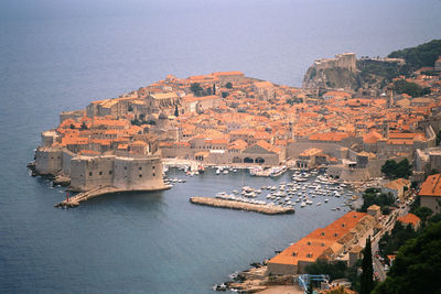 High angle view of city at waterfront