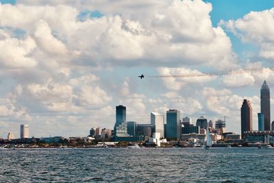 Airshow over clear skies in beautiful downtown cleveland 