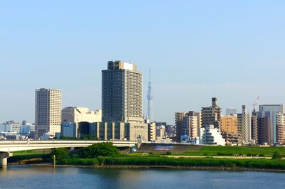 River by modern buildings against clear sky