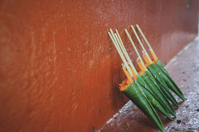 High angle view of bread on table against wall