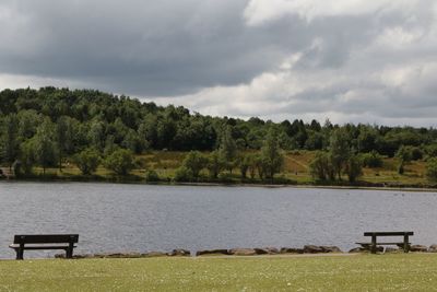 Scenic view of lake against cloudy sky