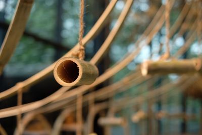 Close-up of bamboo hanging on wood