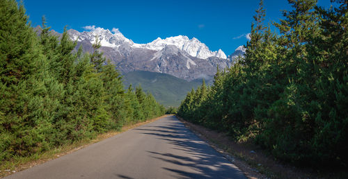 Road amidst trees and mountains against sky