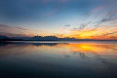 Scenic view of lake against sky during sunset