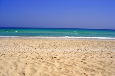 Scenic view of beach against clear blue sky