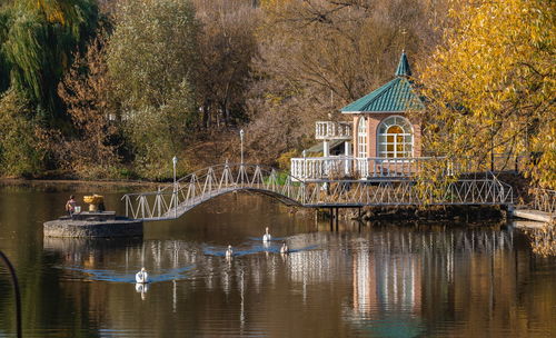 Sunny autumn evening on the blue lake with yellow trees. 