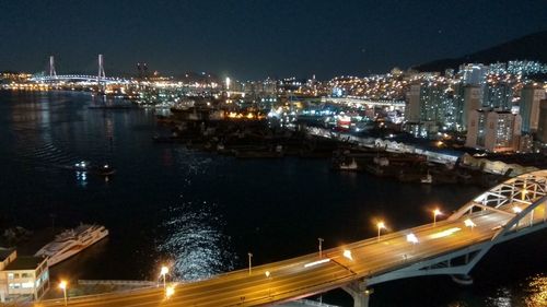 Illuminated cityscape against sky at night