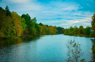 Scenic view of lake against sky during autumn