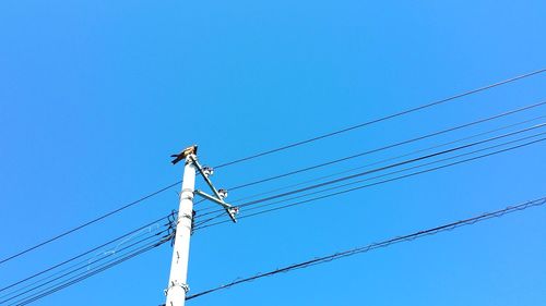 Low angle view of power lines against clear blue sky