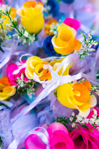 High angle view of multi colored rose bouquet