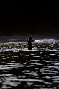 Rear view of silhouette person walking on sea