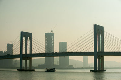 View of suspension bridge in city