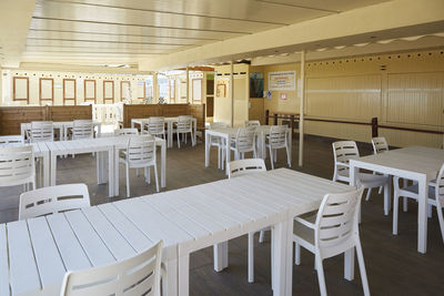 Empty chairs and tables in restaurant