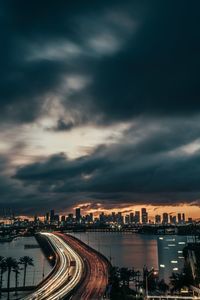 Aerial view of city against cloudy sky