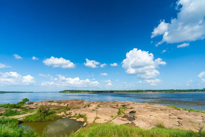Scenic view of sea against blue sky