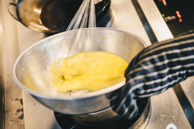 High angle view of bread in bowl on table