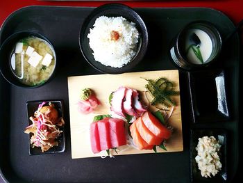 High angle view of sushi served on table