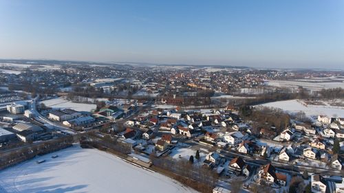 High angle view of cityscape during winter