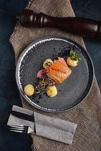 High angle view of food in plate on table