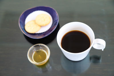 High angle view of breakfast on table