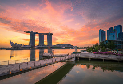 Bridge over river against sky during sunset