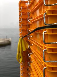 Close-up of yellow ship in sea