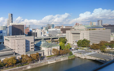 Buildings by river against sky in city