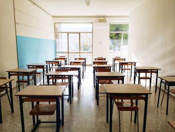 Empty chairs and tables in building