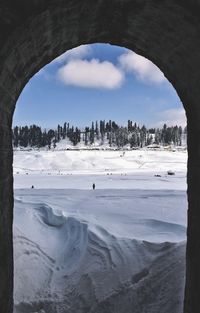 Scenic view of snow covered land against sky