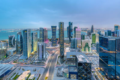 Blue hour doha skyline from wes bay corniche view