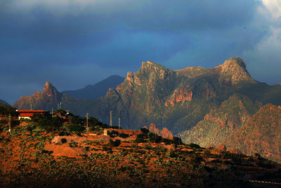 Scenic view of mountains against cloudy sky