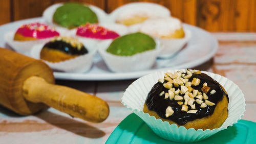 Close-up of cupcakes on table