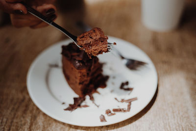 Close-up of hand holding ice cream in plate