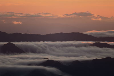 Scenic view of mountains against sky at sunset