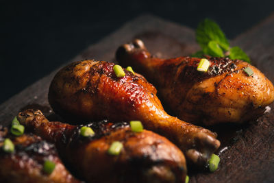 Close-up of chicken served on table