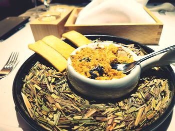 Close-up of breakfast served on table