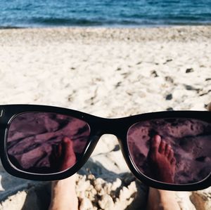 Close-up of sunglasses on beach