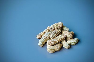 High angle view of food on table against blue background