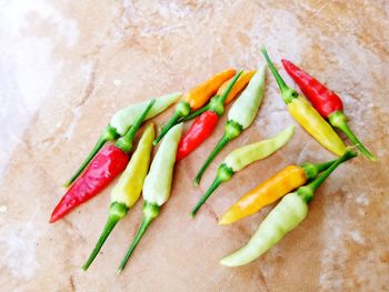 High angle view of chili pepper on table