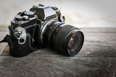 High angle view of camera on table