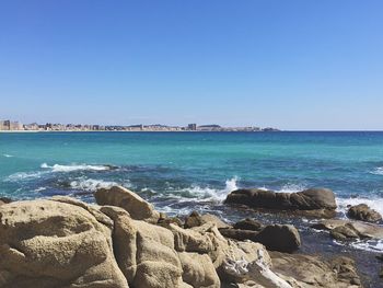 Scenic view of sea against clear blue sky