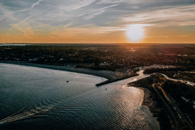 Aerial view of sea against sky during sunset