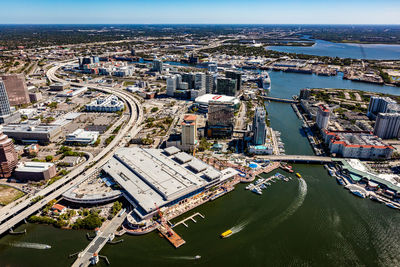 High angle view of cityscape by sea